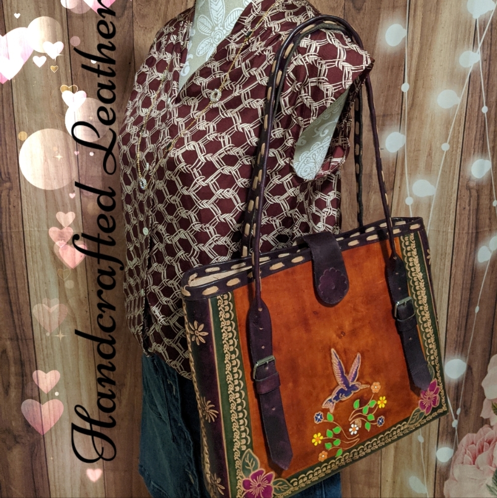 Mexican Tooled Leather Tote HandCrafted Handbag